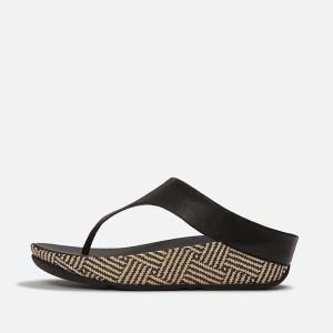 FitFlop LULU Lux Graphic-Weave Black Leather Toe-Post Sandals