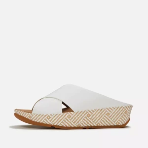 FitFlop LULU Lux Graphic-Weave White Leather Cross Slides